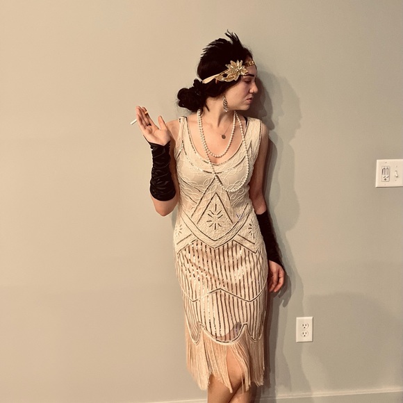 Womens Flapper Dress M Sequin Beige Beaded Sleeveless Back Zip Bottom Fringe - Picture 2 of 6